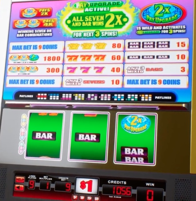 Blazin' Diamond with Pay Upgrade active: all seven and bar wins pay 2x for the next 3 spins.