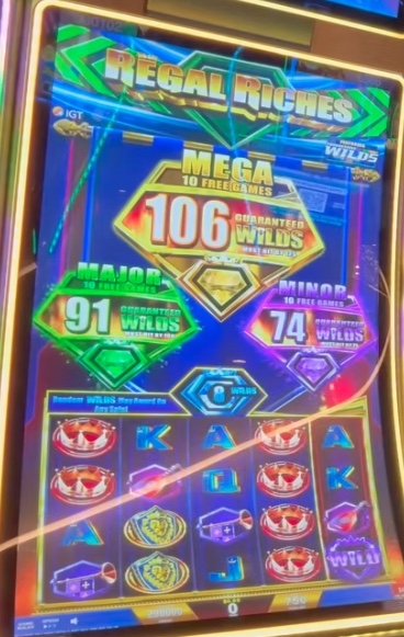 Three must-hit-by meters on Regal Riches. The purple Minor reads 74 and must hit by 75: one away from its must-hit point.